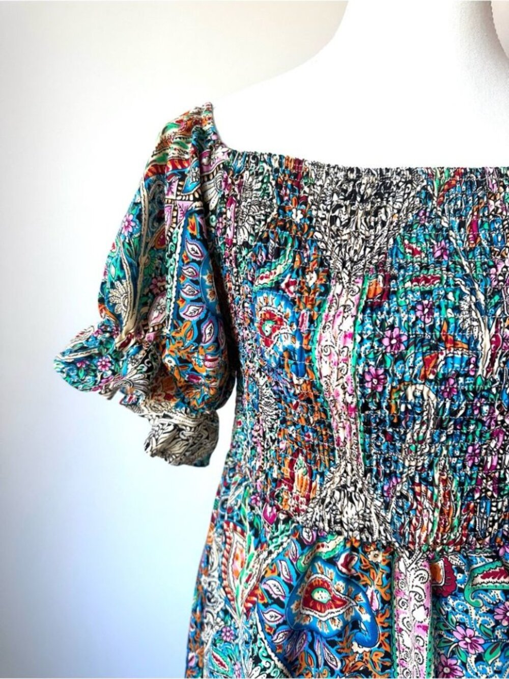 Bohemian Paisley Puff Sleeve Multi-Colour Summer Smocked Mini Dress - L - Picture 5 of 13